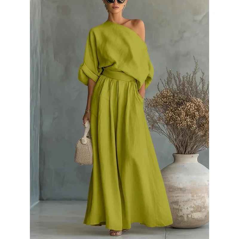 Lisa | Soft Off-Shoulder Top and Tapered Pants Set – Green