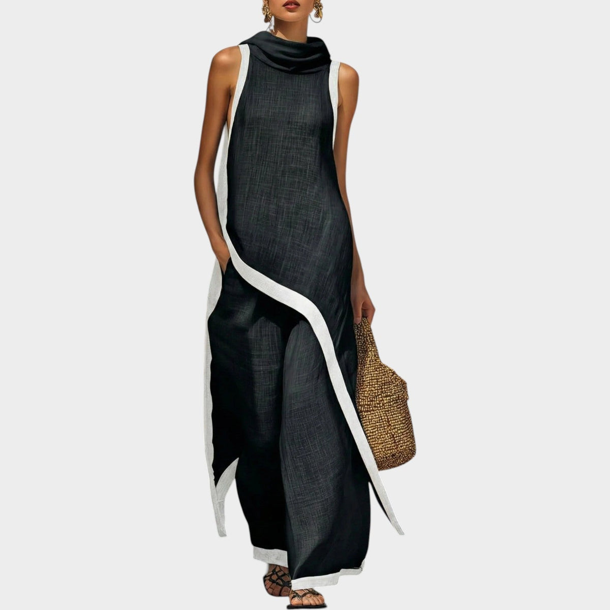 Asymmetric Linen Two-Piece Set – Black