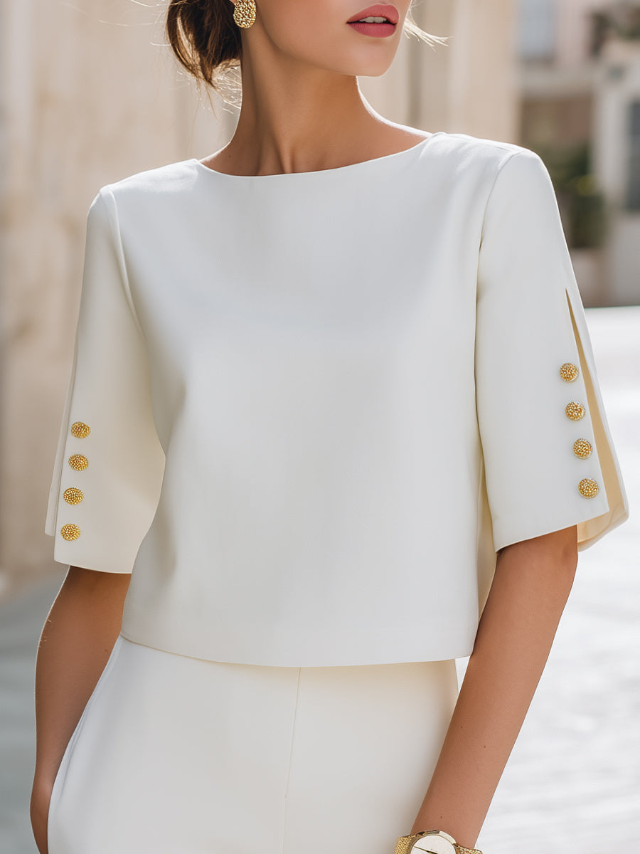 Button Detail Split Sleeve Elegant Top – White