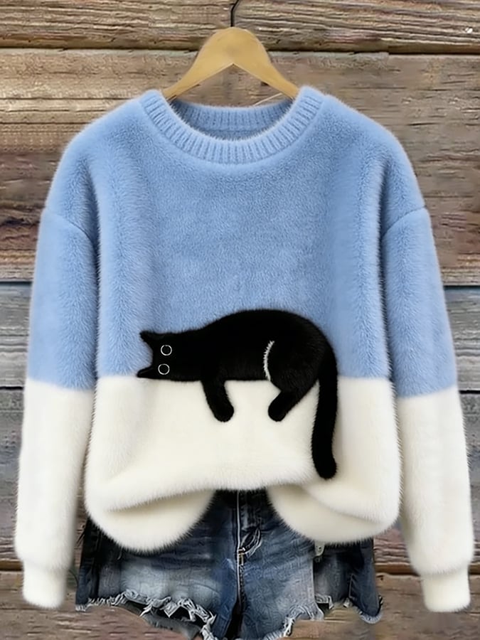 Aileen | Elegant Cat Print Oversized Sweater – Light Blue