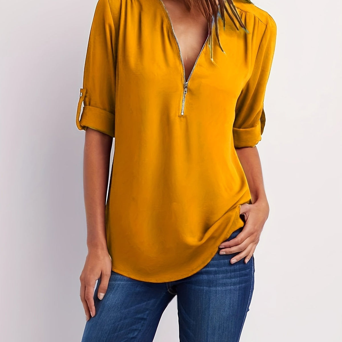 Ariana | Sleek Zip-Front V-Neck Blouse – Yellow
