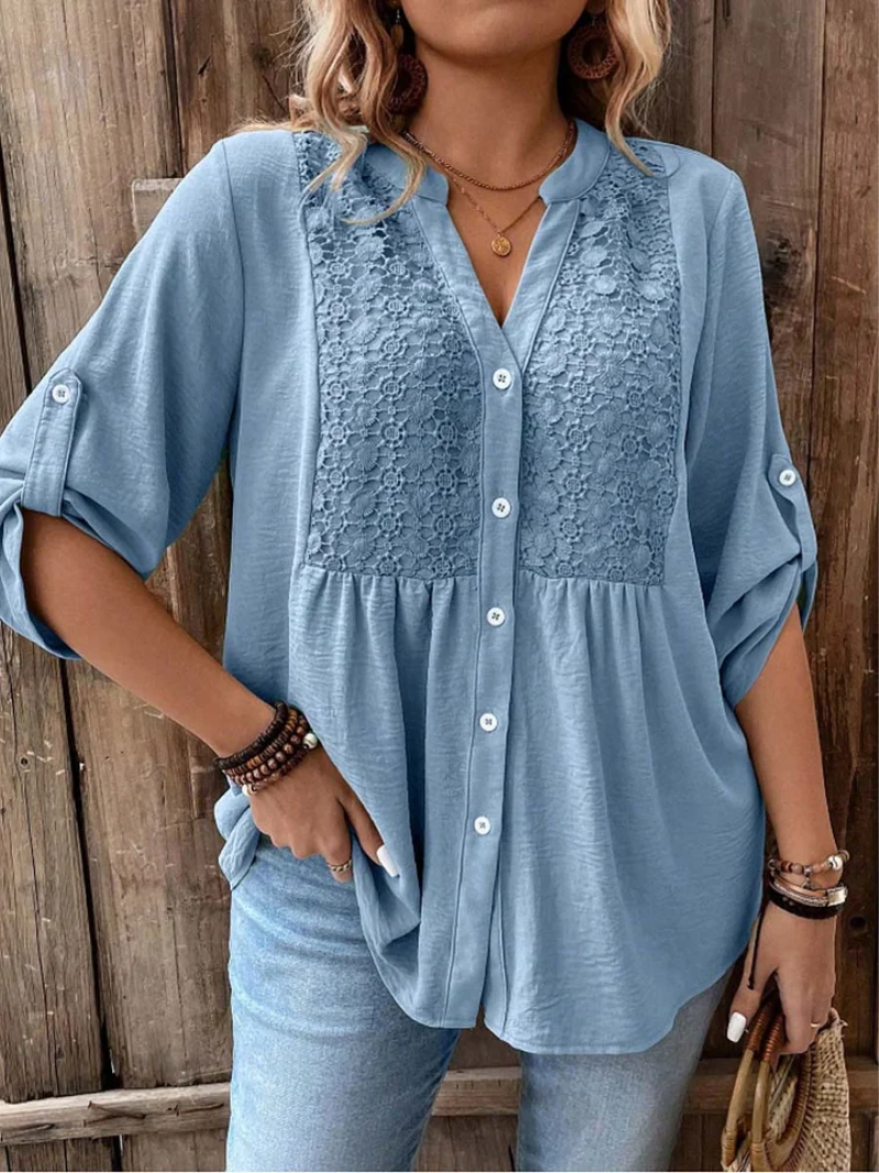 Carmen | Elegant Wide Sleeve V-Neck Blouse – Blue