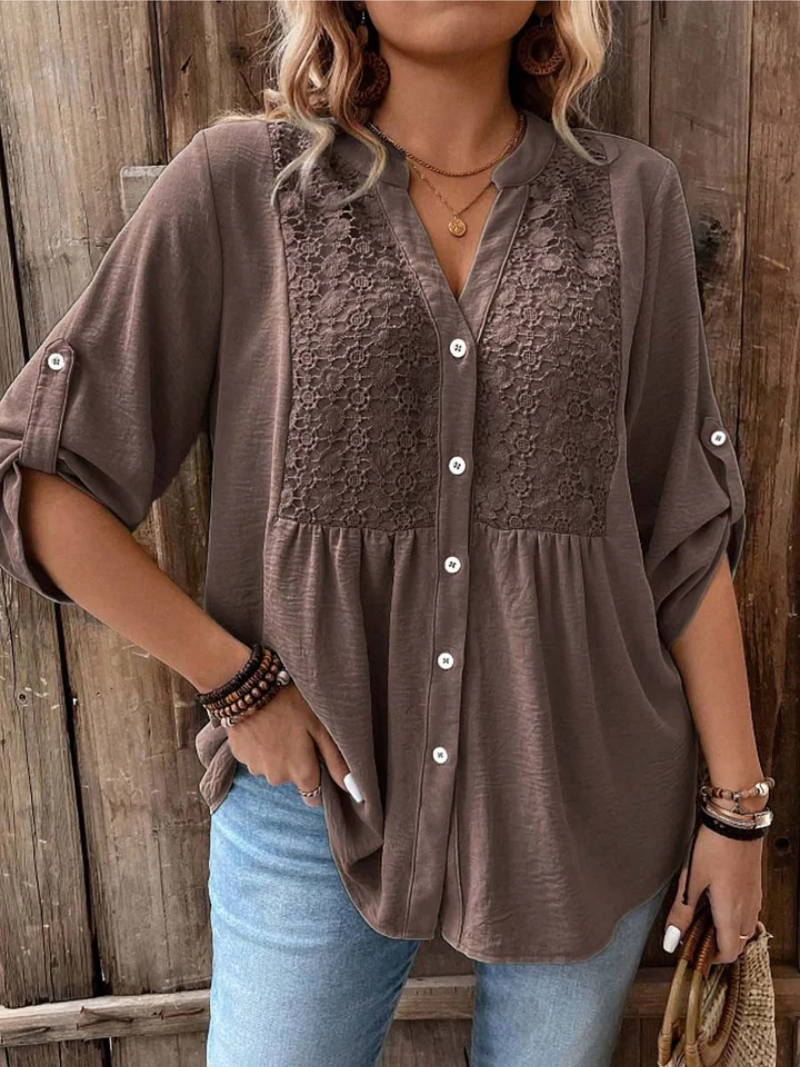 Carmen | Elegant Wide Sleeve V-Neck Blouse – Brown