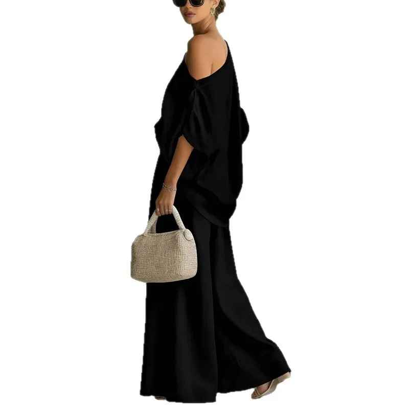Lisa | Soft Off-Shoulder Top and Tapered Pants Set – Black