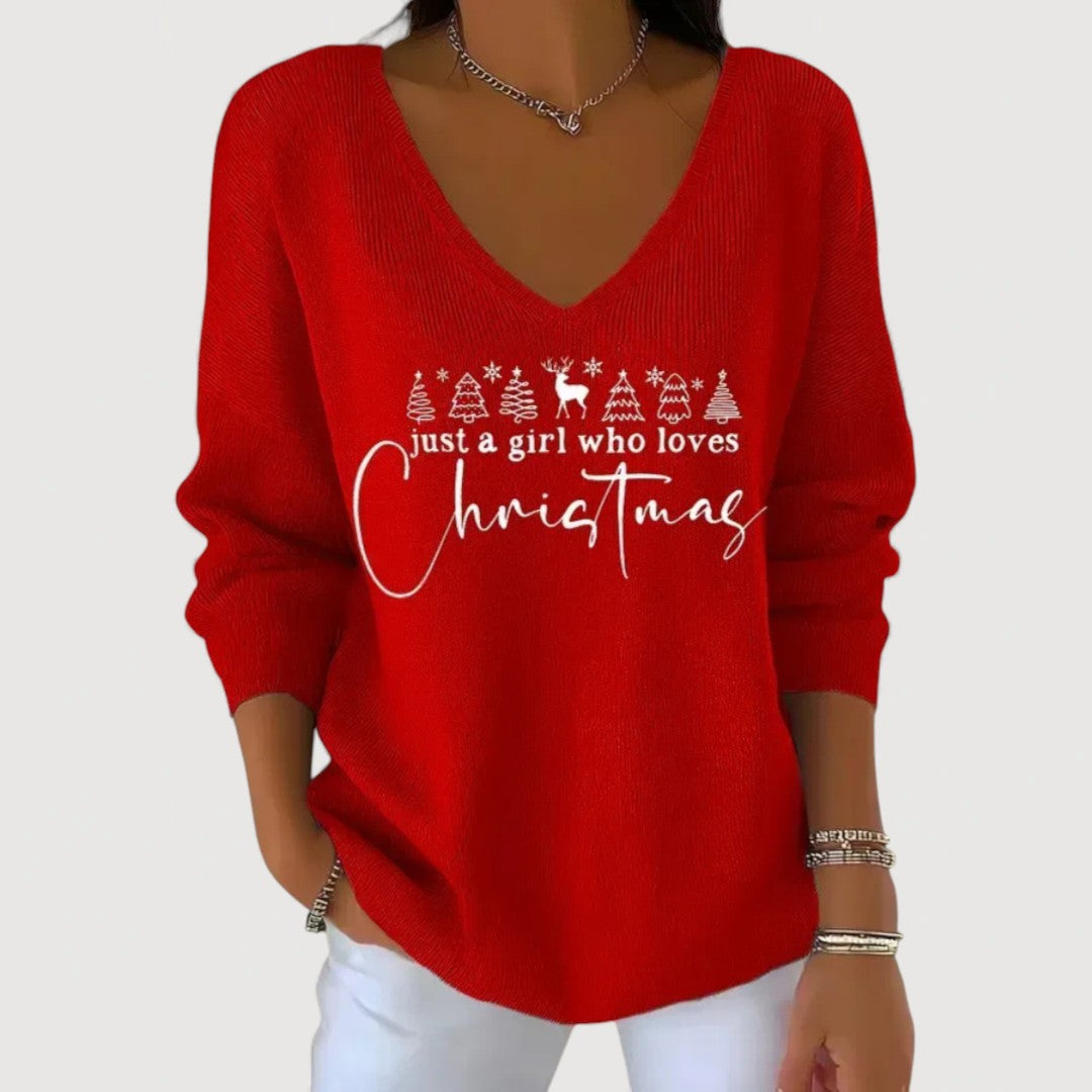 Alina | Festive V-Neck Holiday Charm Long-Sleeve Top – Christmas Red