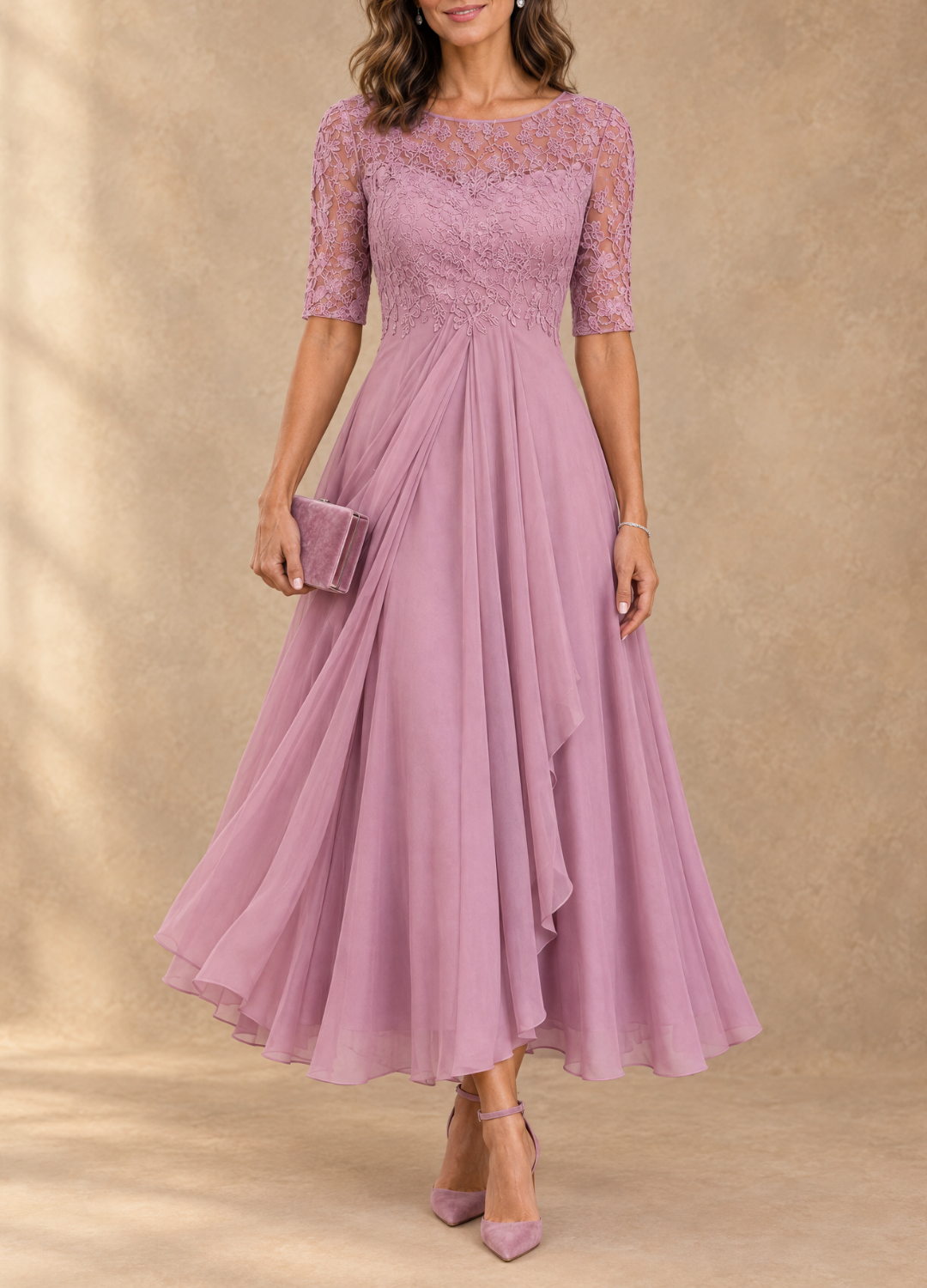 Abella | Lace and Chiffon Dress – Mauve