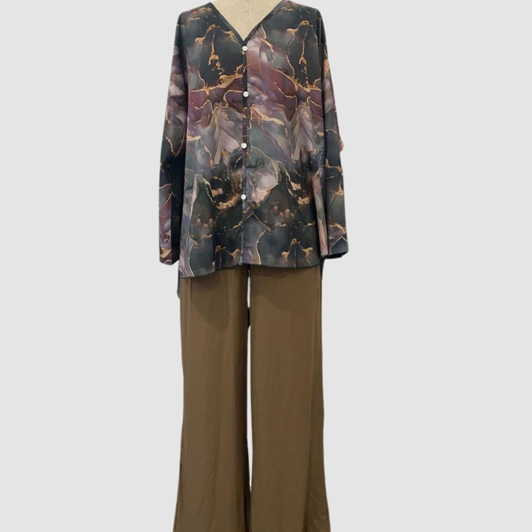 Aurora | Elegant Printed Two-Piece Set – Brown