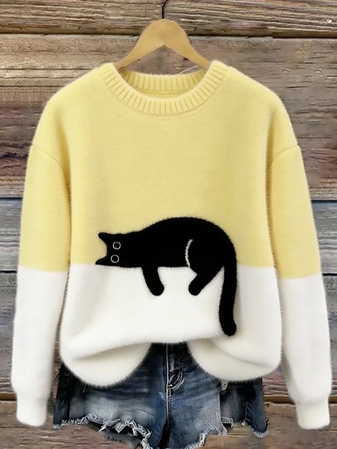 Aileen | Elegant Cat Print Oversized Sweater – Yellow