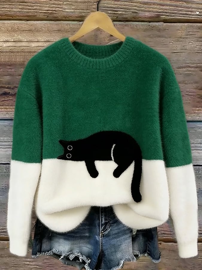 Aileen | Elegant Cat Print Oversized Sweater – Green