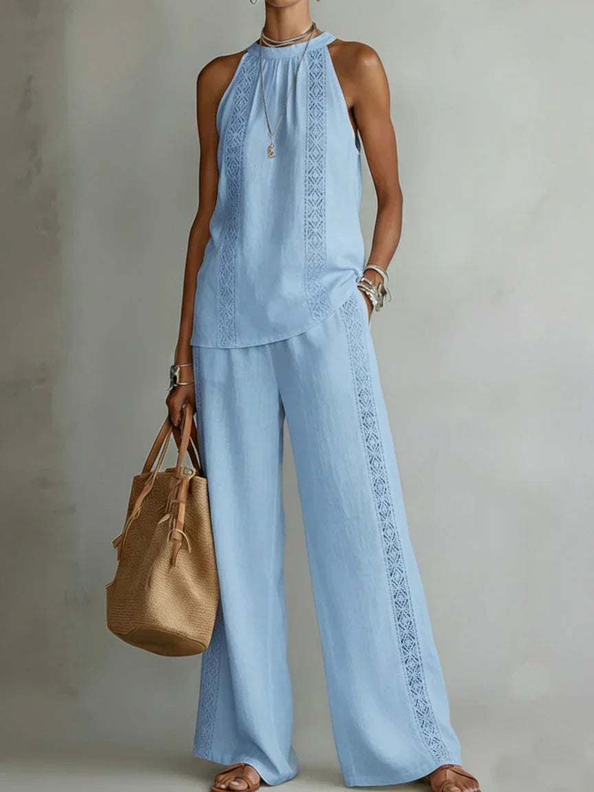 Camilla | Elegant Halter Linen Two-Piece Set – Blue