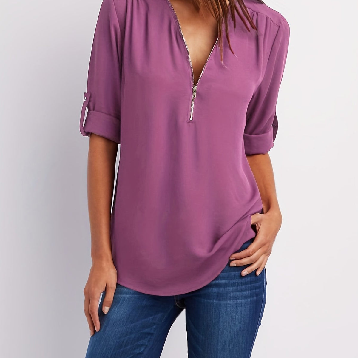 Ariana | Sleek Zip-Front V-Neck Blouse – Purple