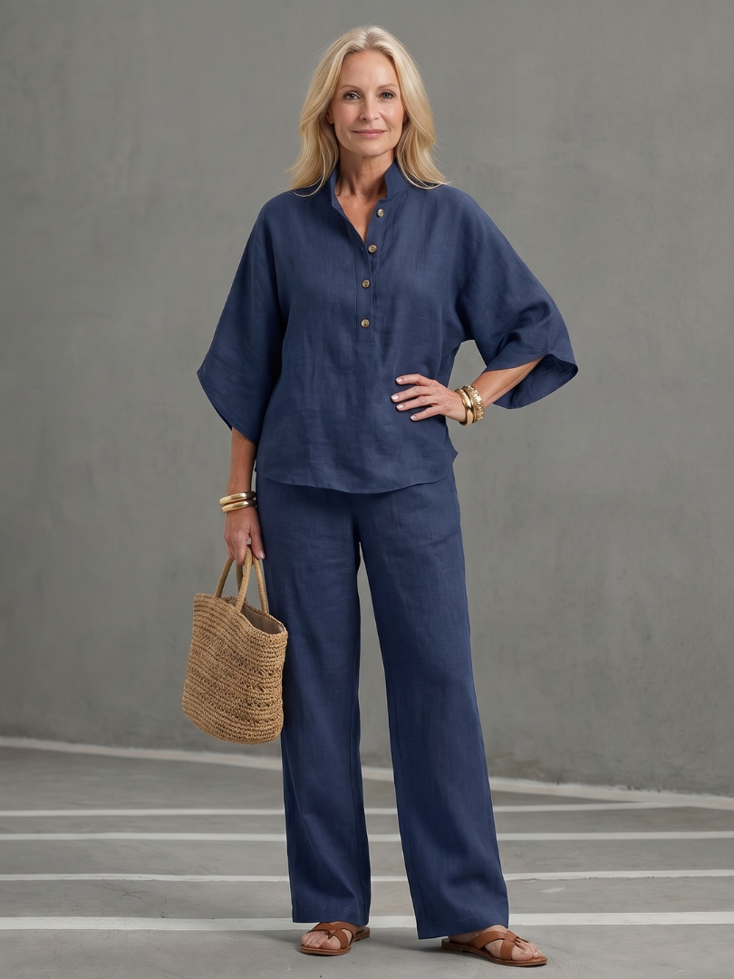 Amity | Button Front Relaxed Tunic Trouser Set – Navy