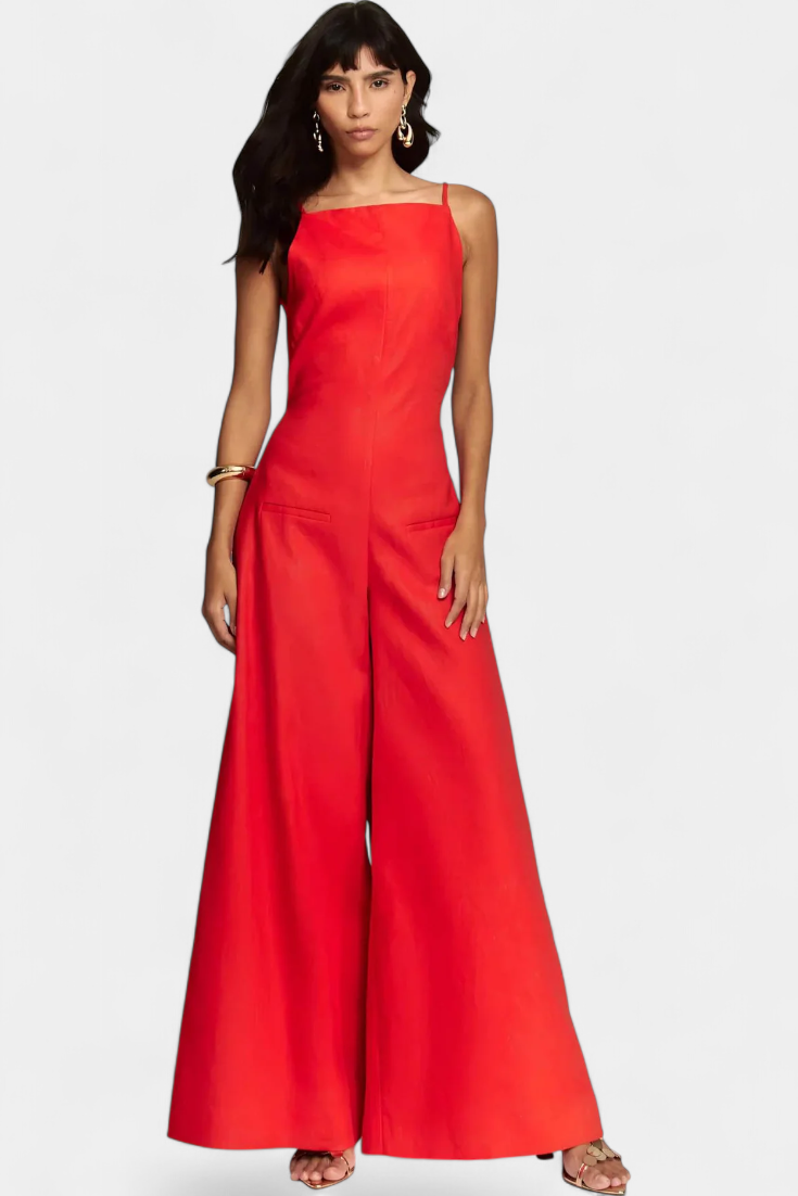 Belén Ramie Wide-Leg Halter Jumpsuit with Straight Neckline – Red