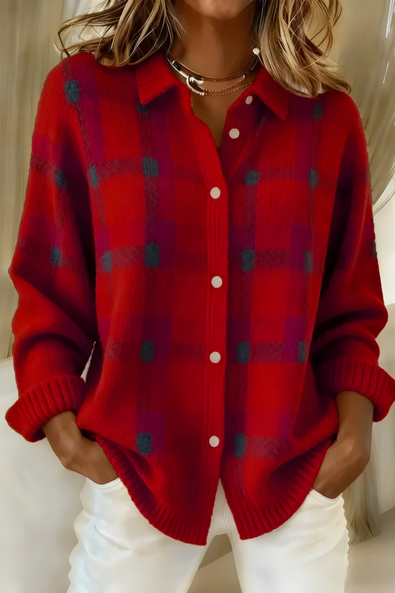 Anna | Plaid Knit Cardigan – Red
