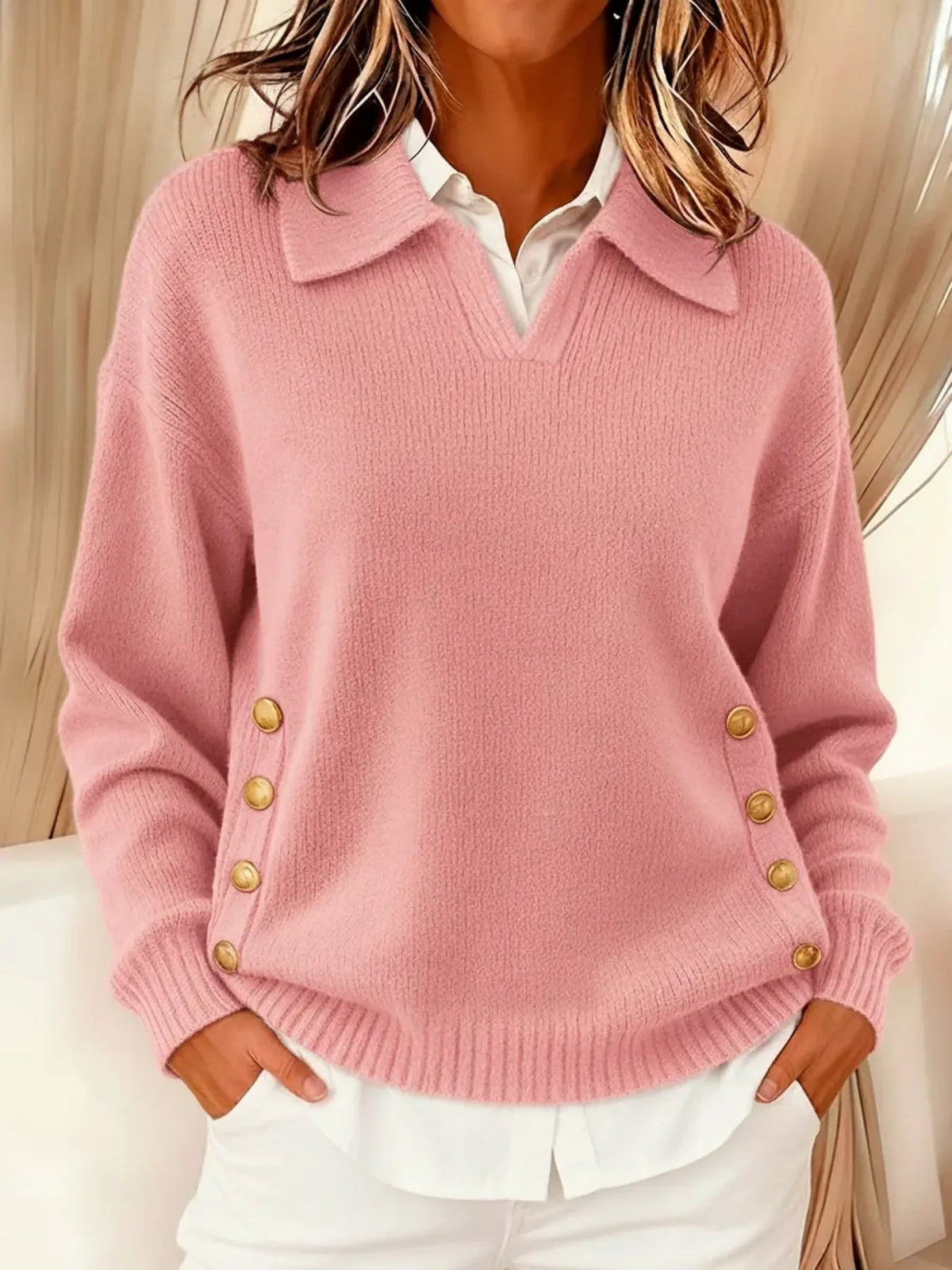 Vynette | V-Neck Sweater with Collar – Pink