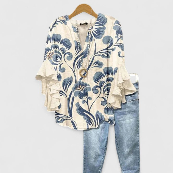 Althea | Elegant Ruffle Sleeve Floral Blouse – White Blue