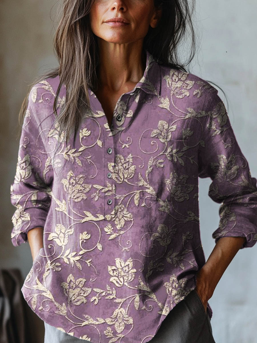 Irise | Floral Embroidered Linen Shirt – Purple