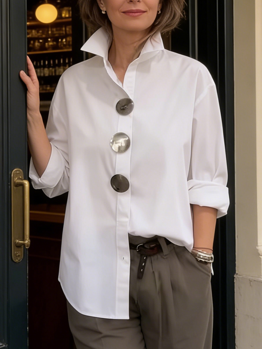Amara | Stylish Button Stand Collar Blouse – White