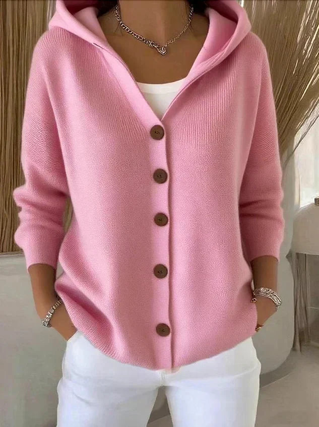 Darienne | Hooded Button-Up Knit Cardigan – Pink