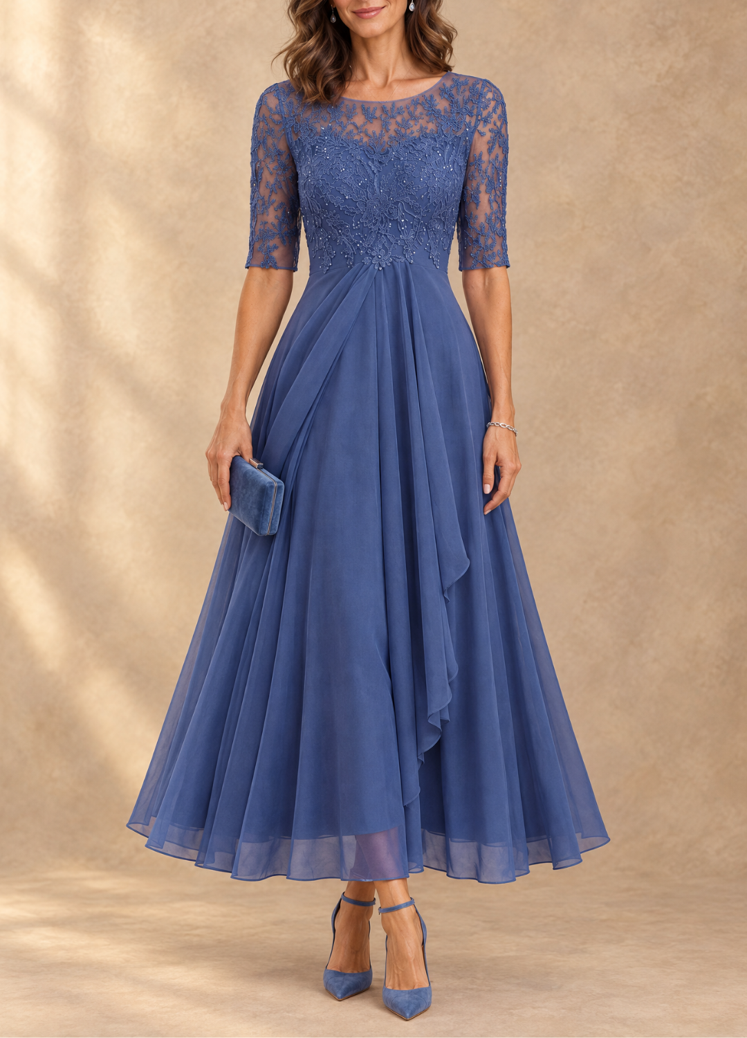 Abella | Lace and Chiffon Dress – Blue