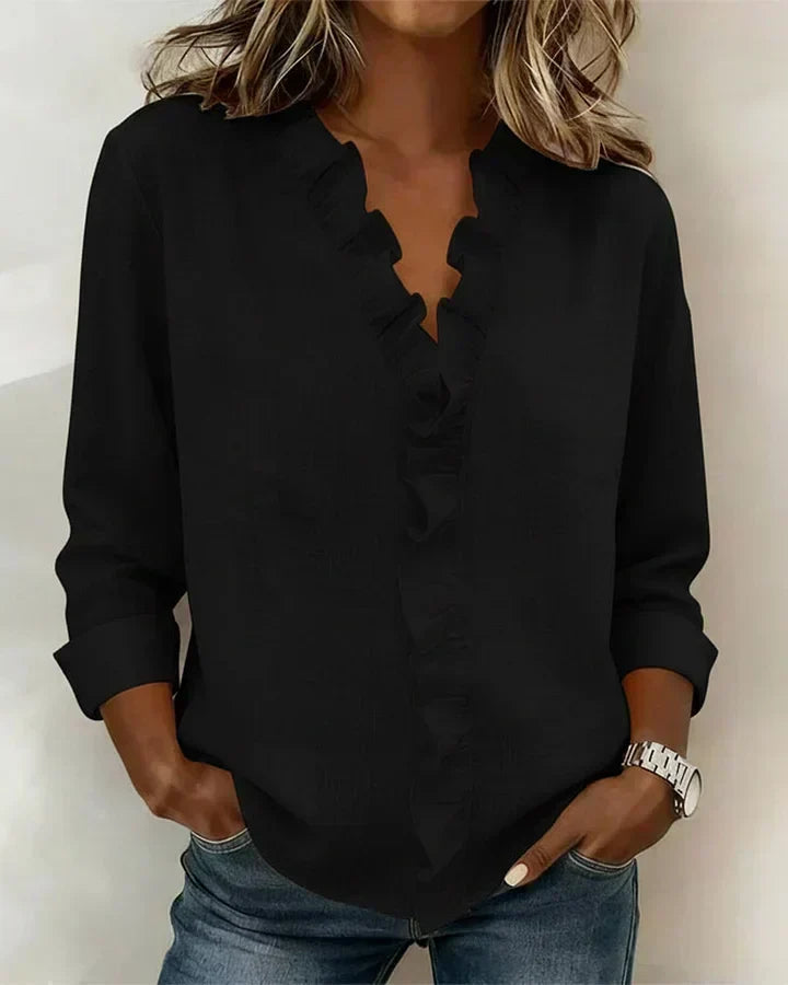Cayla | Elegant V-neck Ruffles Blouse – Black