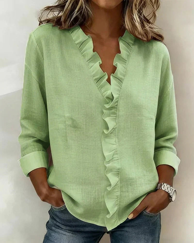 Cayla | Elegant V-neck Ruffles Blouse – Green