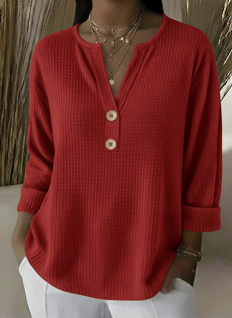 Lucinda | Henley Button Top – Red