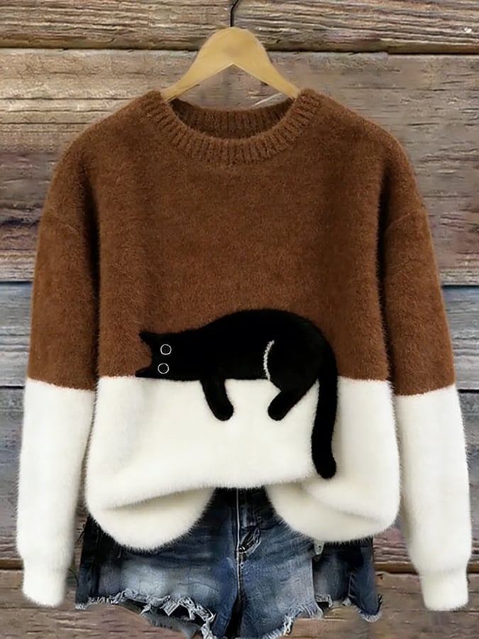 Aileen | Elegant Cat Print Oversized Sweater – Brown