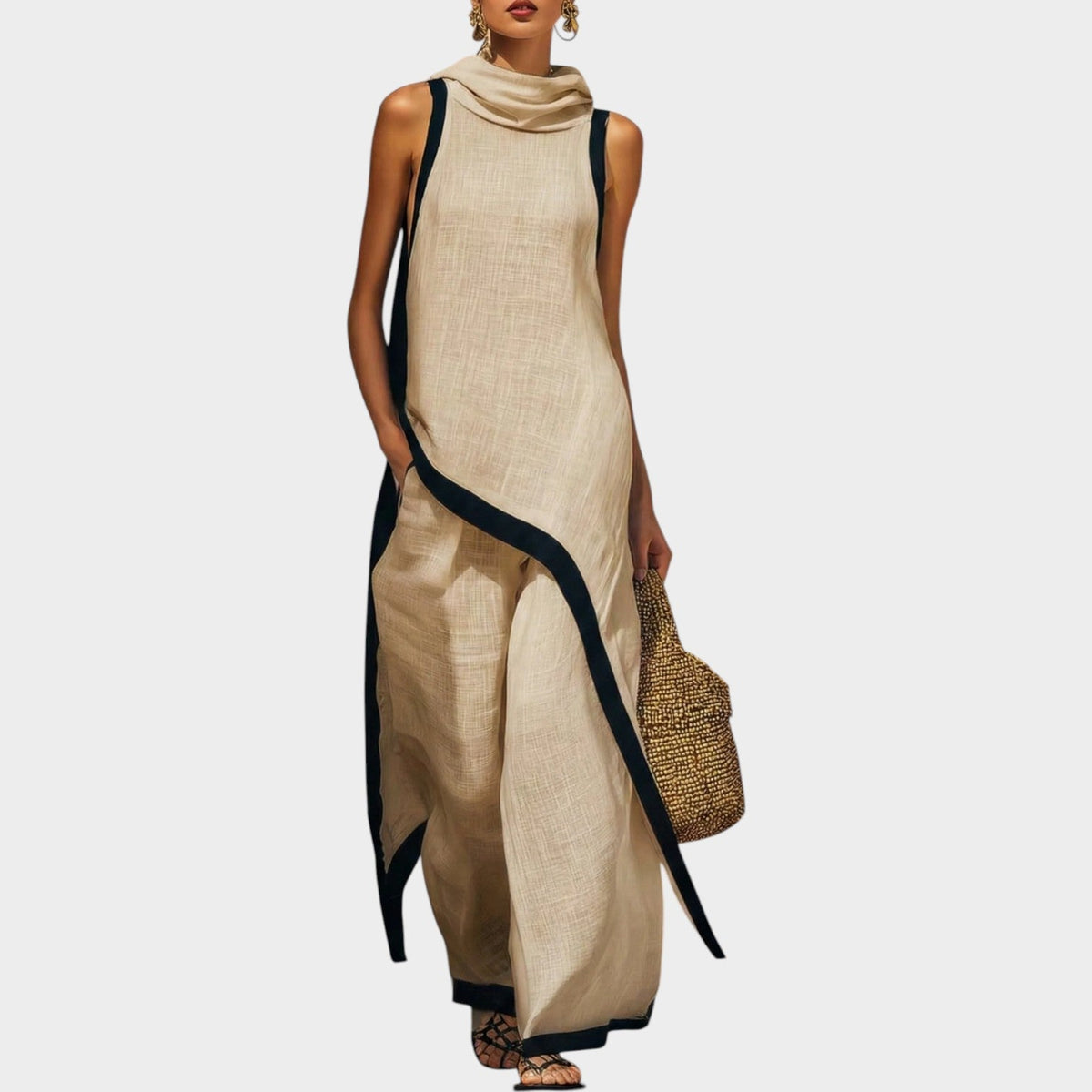 Asymmetric Linen Two-Piece Set – Khaki