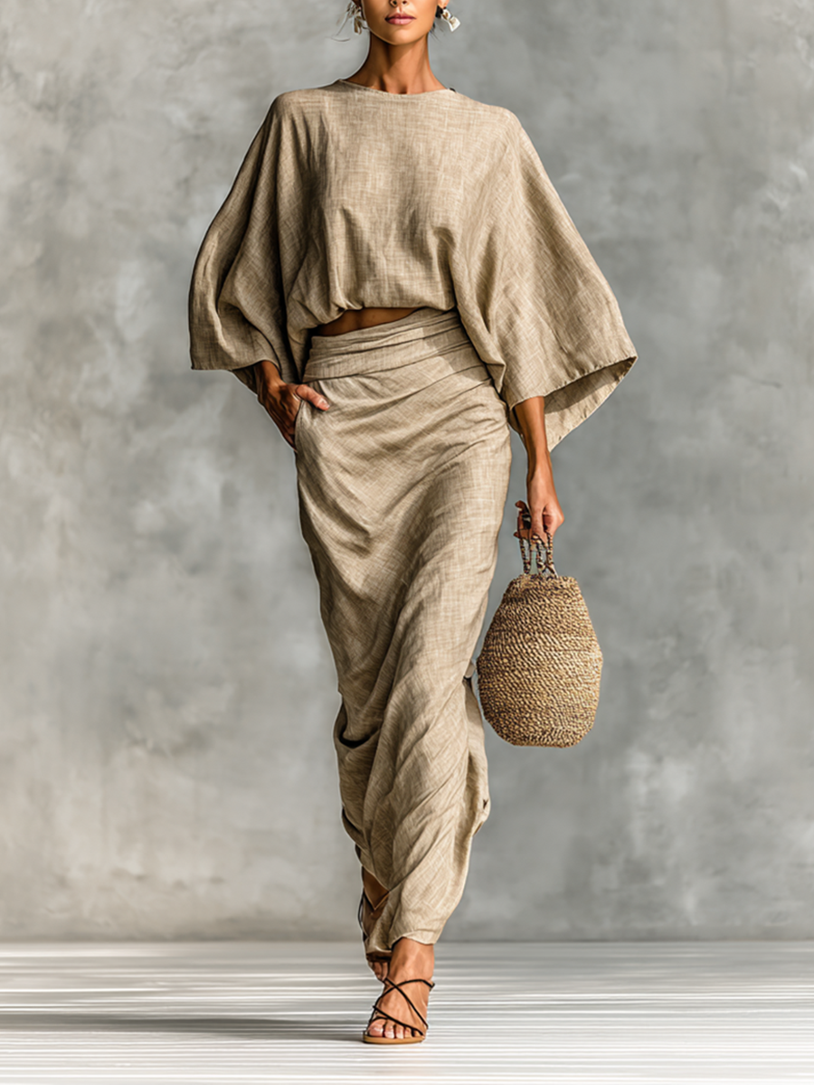 Selene | Soft Batwing Top and Maxi Skirt Two-Piece Set – Khaki