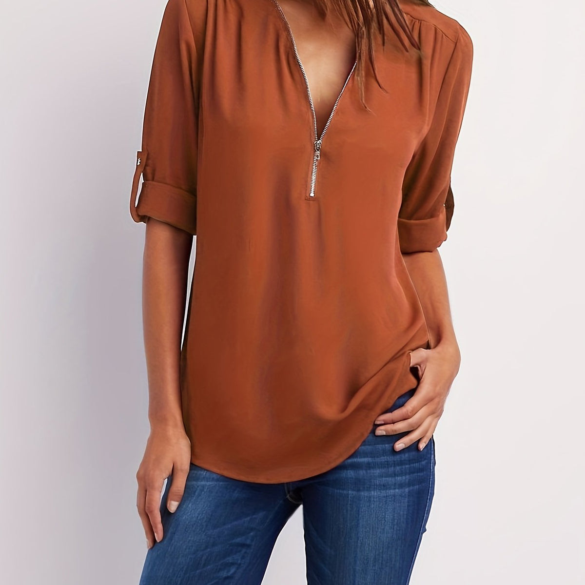 Ariana | Sleek Zip-Front V-Neck Blouse – Orange