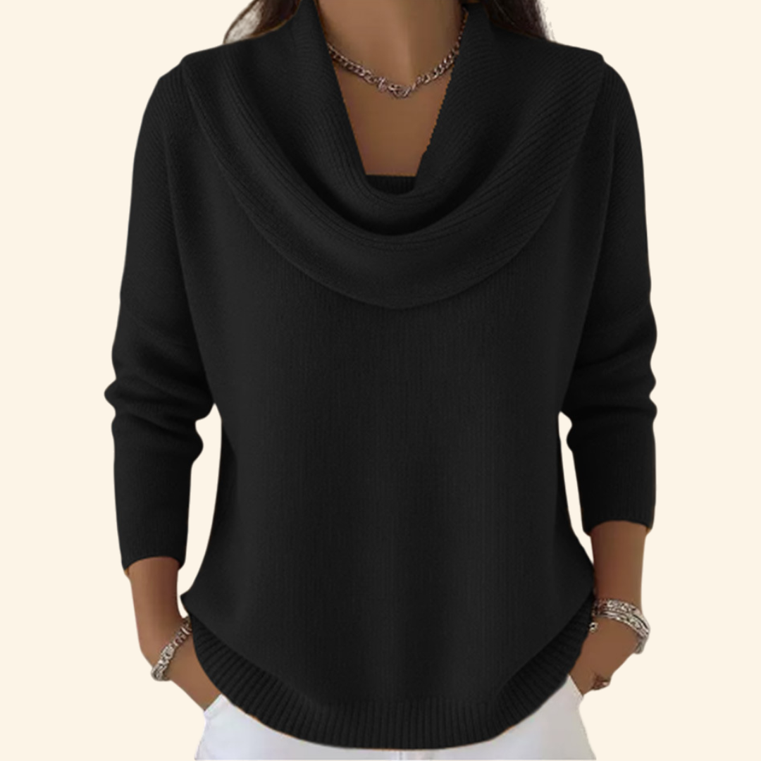 Angela | Elegant Draped Collar Sweater – Black