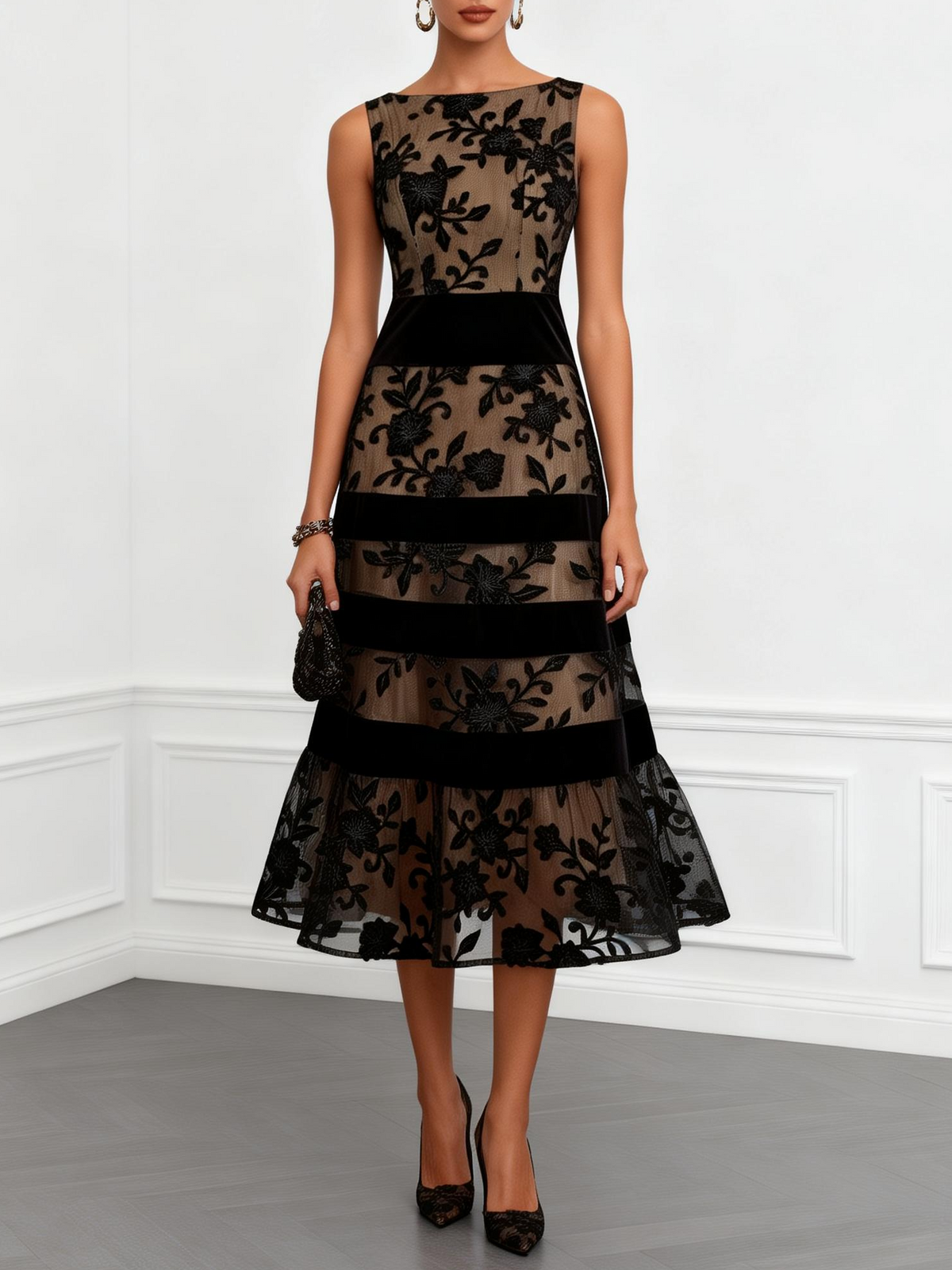 Black Mesh Floral Sleeveless A-Line Midi Dress – Black
