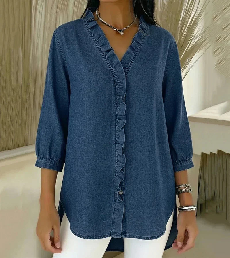 Abigail Elegant Denim Blouse – Dark Blue