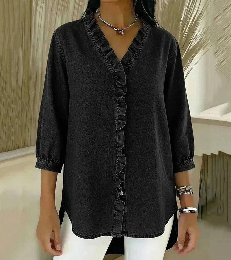 Abigail Elegant Denim Blouse – Black