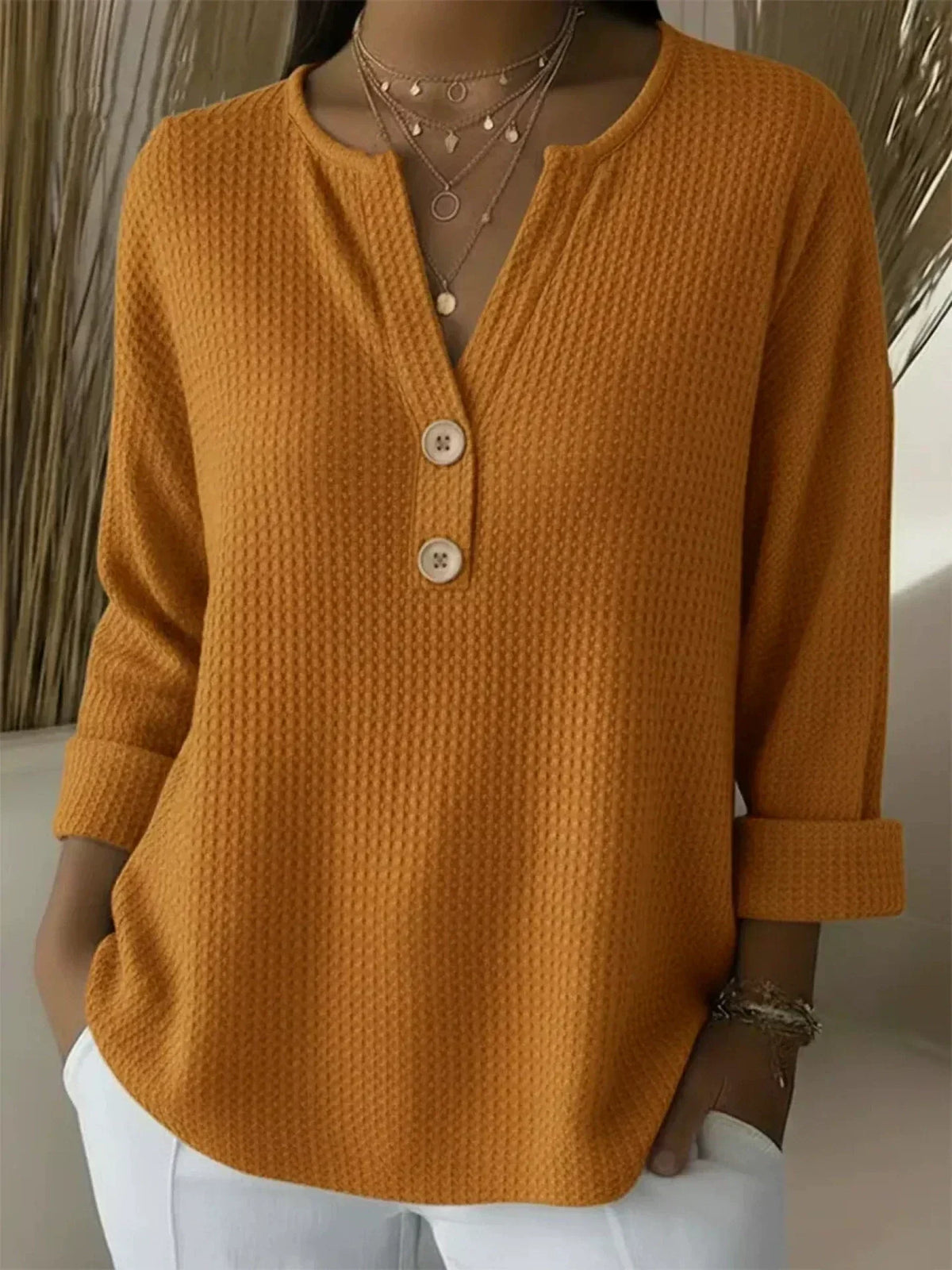 Lucinda | Henley Button Top – Orange