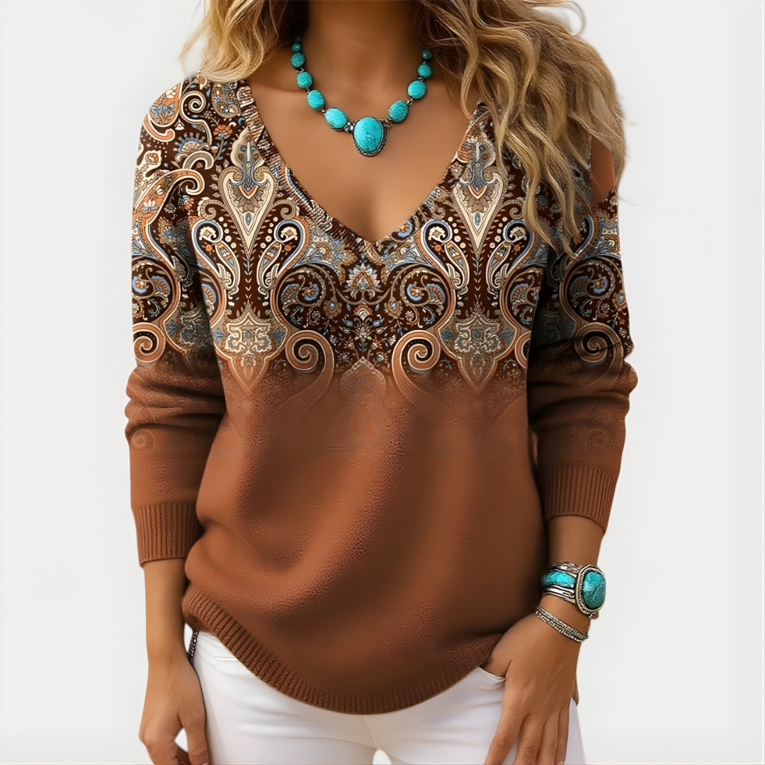 Amelia | Graceful V-Neck Long Sleeve Top – Brown