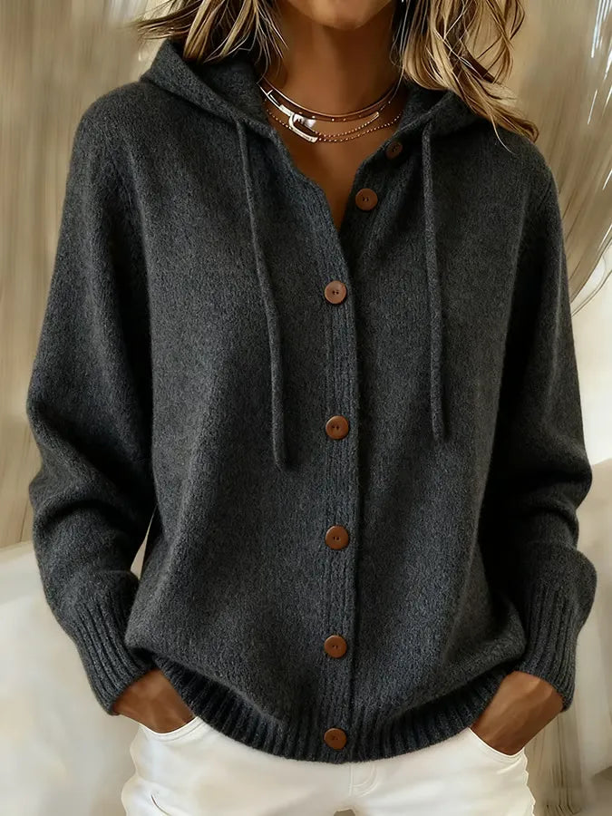 Brenda | Cozy Button Cardigan Hoodie – Black