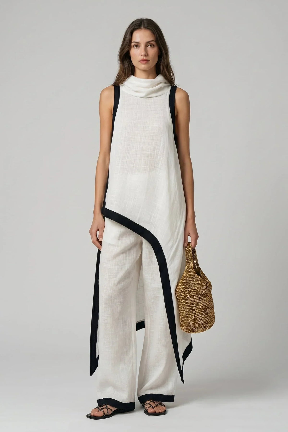 Asymmetric Linen Two-Piece Set – White