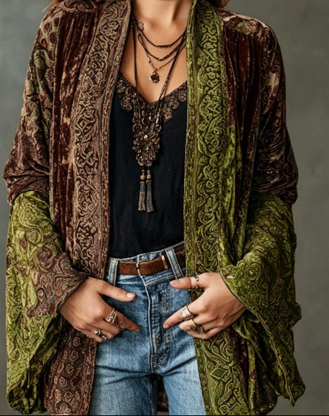 Carcy | Boho Embroidered Kimono Cardigan – Green Burgundy