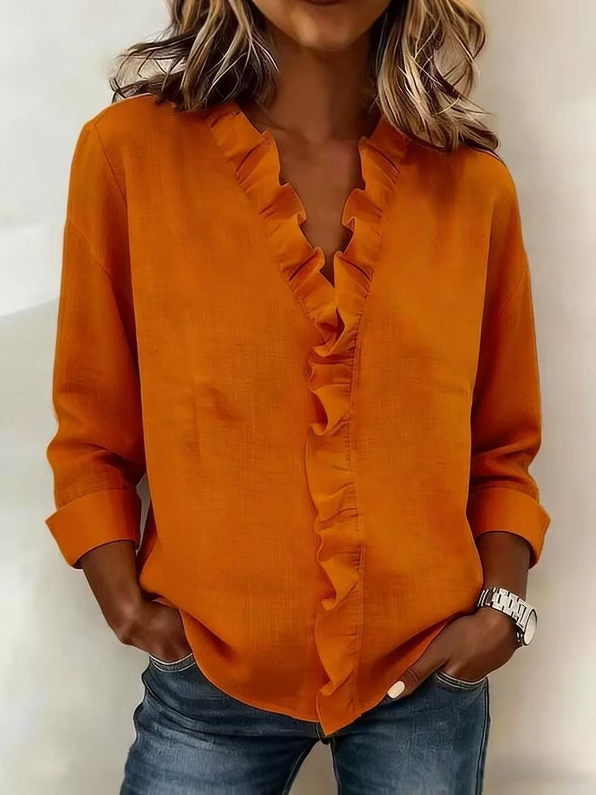 Cayla | Elegant V-neck Ruffles Blouse – Orange