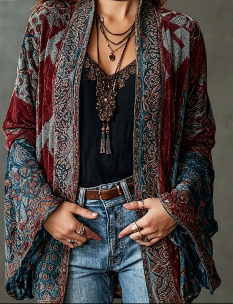 Carcy | Boho Embroidered Kimono Cardigan – Blue Burgundy