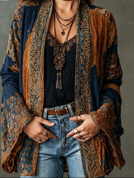 Carcy | Boho Embroidered Kimono Cardigan – Blue Brown