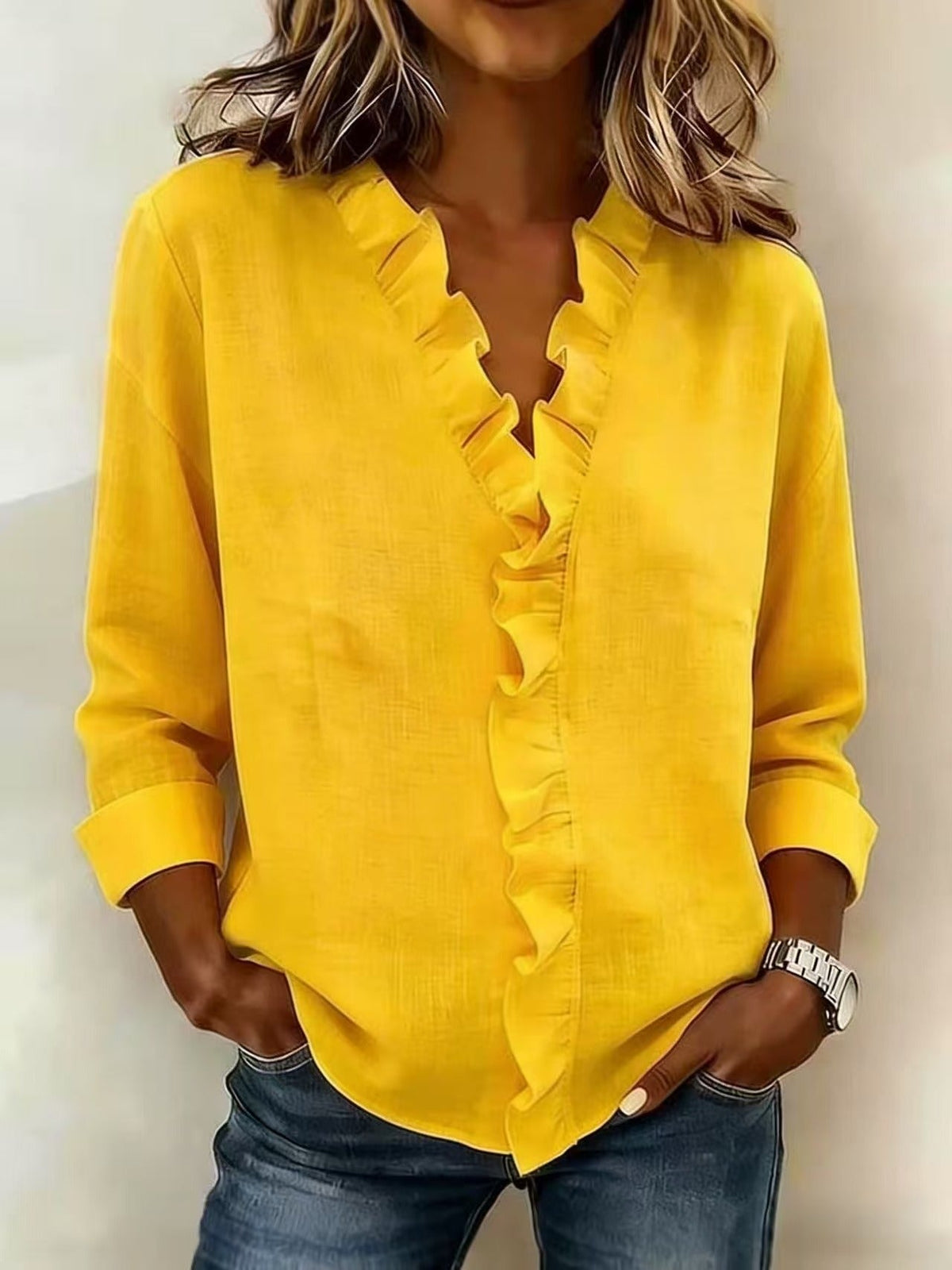 Cayla | Elegant V-neck Ruffles Blouse – Yellow