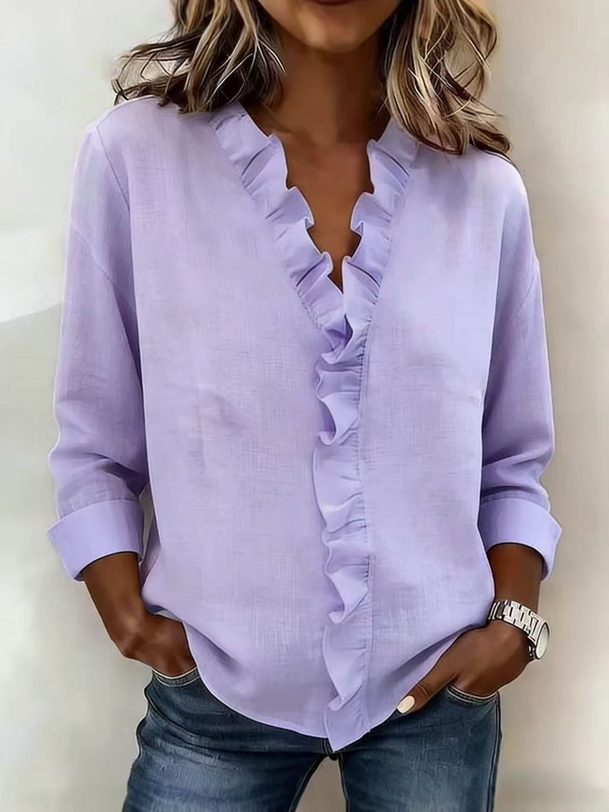 Cayla | Elegant V-neck Ruffles Blouse – Purple
