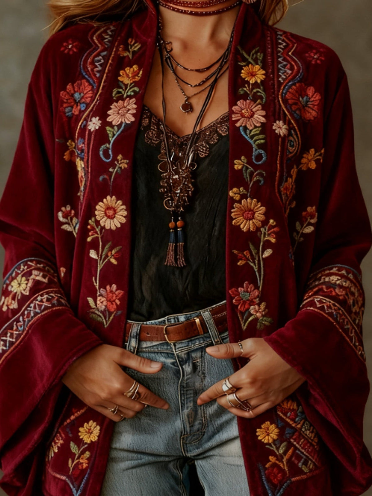 Carcy | Boho Embroidered Kimono Cardigan – Burgundy Flower