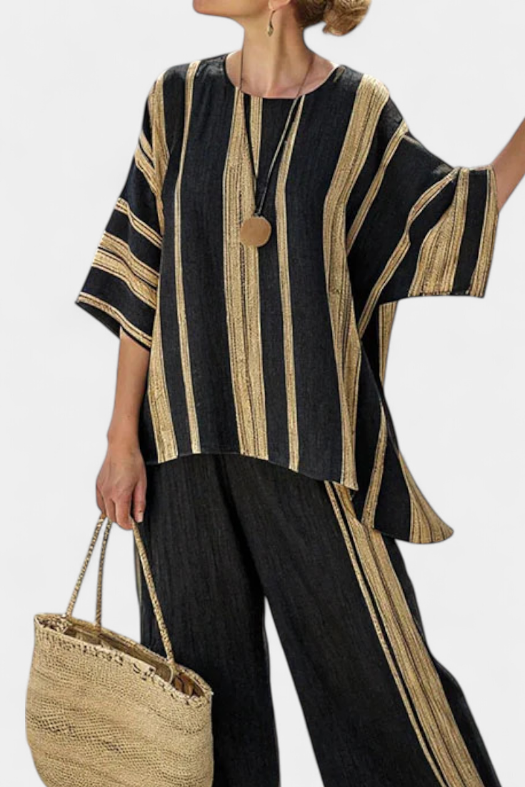 Calden | Comfortable Oversized Striped Top & Relaxed Linen Pants – Multi Colored Stripes