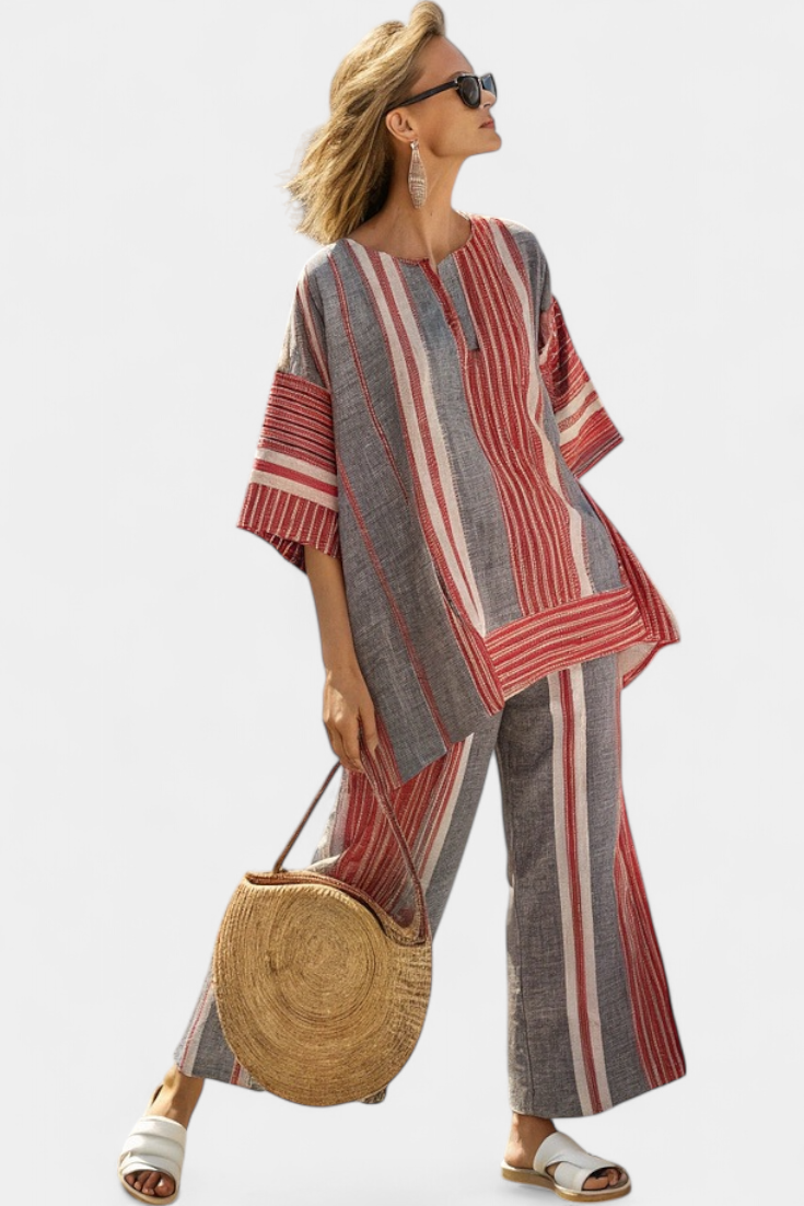 Bravine | Elegant Coral-Gray Linen Top & Wide-Leg Pants – Coral Gray