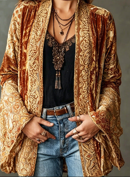 Carcy | Boho Embroidered Kimono Cardigan – Gold Brown