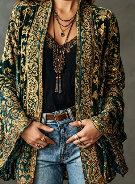 Carcy | Boho Embroidered Kimono Cardigan – Gold Green